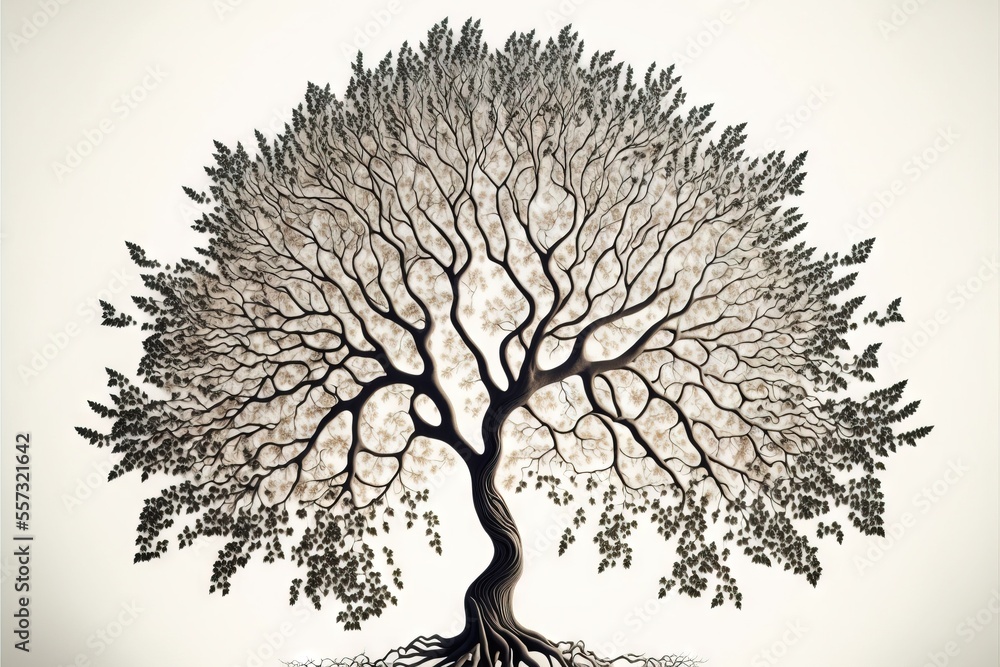 Poster a tree with a lot of leaves and roots on it's trunk and branches on the ground. generative ai