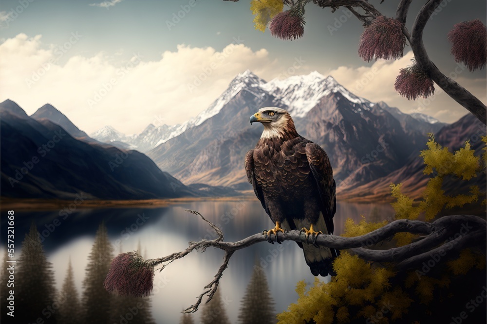 Poster a painting of a bird perched on a branch in front of a mountain lake and pine trees with snow capped