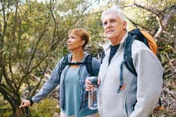 Relax, senior or couple of friends hiking, walking or trekking for freedom, exercise or fitness in nature forest. Interracial, travel or happy woman enjoys bonding time with healthy elderly partner