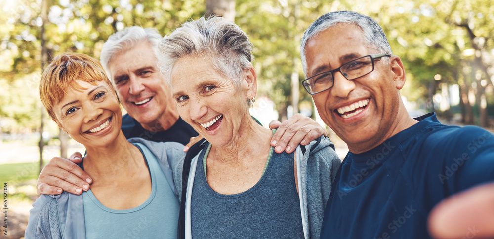 Poster Nature, selfie and senior friends on a hike for wellness, exercise and health in the woods. Happy, smile and portrait of a group of elderly people in retirement in forest trekking together in summer.