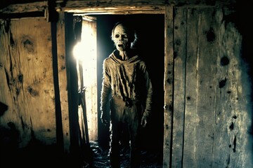 Zombie emerging from an abandoned hut. Movie concept. Generative AI