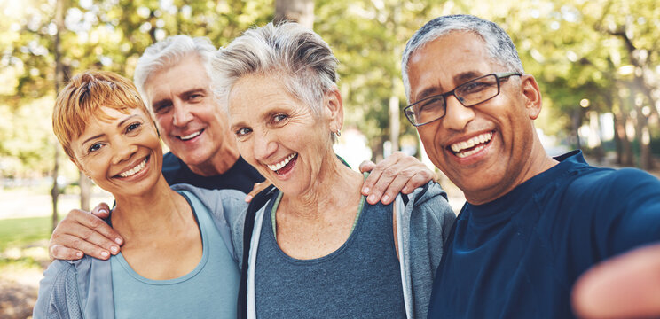 Nature, selfie and senior friends on a hike for wellness, exercise and health in the woods. Happy, smile and portrait of a group of elderly people in retirement in forest trekking together in summer.