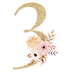 Gold number with watercolor flowers and leaf 