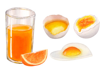 Fresh products for Breakfast: eggs, a glass of orange juice. Hand drawn watercolor illustration isolated on white background