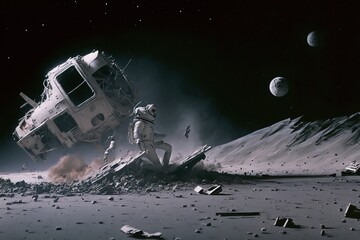 Spaceship crashed on the moon. Movie scenery. Movie concept. Illustration. Generative AI