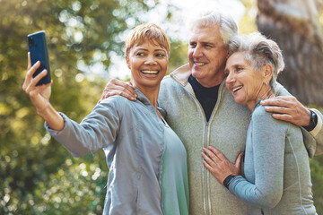 Selfie with smartphone, elderly and friends smile outdoor with retirement and fitness in the park with cellphone photography. Mobile phone, happy in picture with senior exercise group in nature.