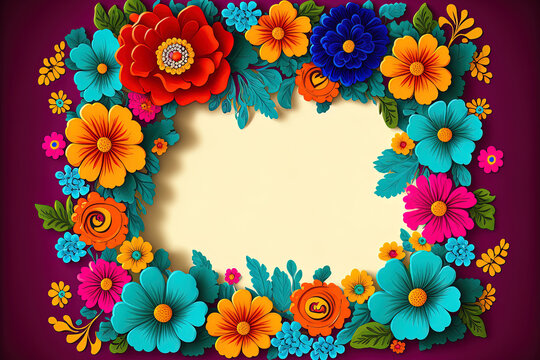 Frame with a vibrant flowery backdrop and painted flowers card with a cheerful flower border for a birthday. Generative AI