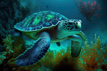 Obraz na płótnie Canvas Underwater sea turtle strange marine animal underwater turtle. Generative AI