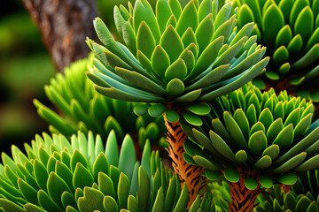 Obraz premium Green leaves on a tree, close up, with a natural background Araucaria araucana. Generative AI