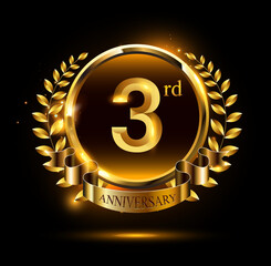 Naklejka premium 3rd golden anniversary logo with ring & ribbon, luxury laurel wreath