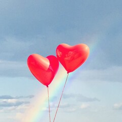 Naklejka na ściany i meble Heart-shaped balloons floating over the blue sky with a rainbow in the background, surprise on the occasion of February 14, Valentine's Day 
