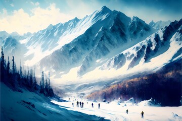 snowy mountain range with skiers and snowboarders enjoying the slopes (AI Generated)