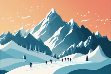 snowy mountain range with skiers and snowboarders enjoying the slopes, DIGITAL DRAWING (AI Generated)