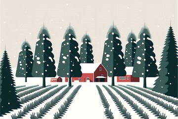 Christmas tree farm with rows of trees covered in snow, DIGITAL DRAWING (AI Generated)