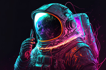 Neon lit illustration of an astronaut wearing a spacesuit. future astronaut in high tech. Generative AI
