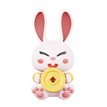 Rabbits in traditional clothing holding gold coin isolated. Traditional asian decorations for the Chinese new year elements icon. 3D render illustration.