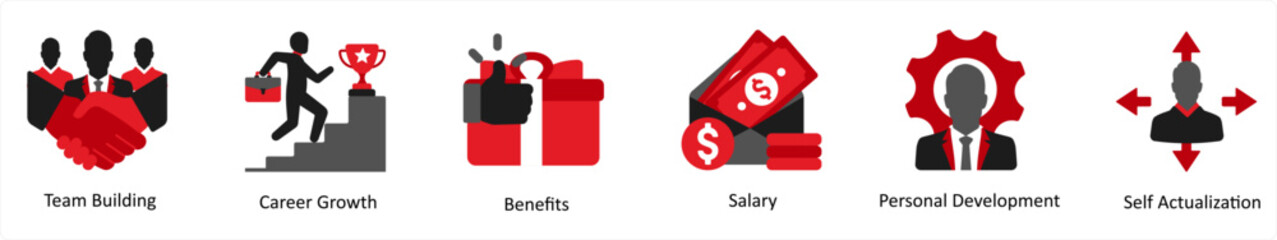 Six business icons in red and black as team building, career growth, benefits
