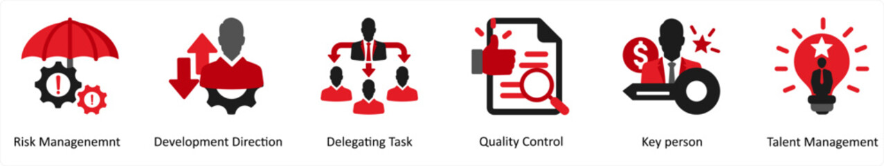 Six business icons in red and black as risk management, development direction, delegating task 