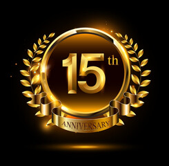 Naklejka premium 15th golden anniversary logo with ring & ribbon, luxury laurel wreath