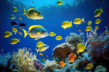 Fototapeta na wymiar Fish shoal at a coral reef in the ocean's underwater environment. Generative AI