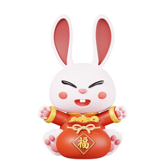 Rabbits in traditional clothing and  lucky bag full of gold ingots isolated. Chinese new year elements icon. 3D render illustration. Text:Good fortune
