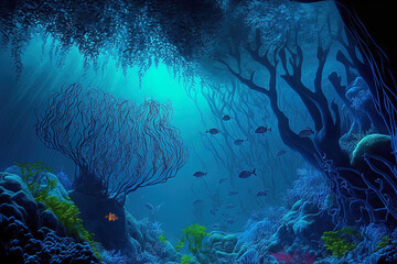 Obraz premium Blue idyll natural scene in the underwater realm of the ocean. Generative AI