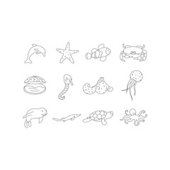 Sea animal related icons fish, seaweed, seashell and stones silhouettes isolated on white background. Perfect for coloring book, textiles, icon, web, painting, books, t-shirt print.