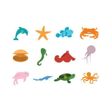 Sea animal related icons fish, seaweed, seashell and stones silhouettes isolated on white background. Perfect for coloring book, textiles, icon, web, painting, books, t-shirt print.