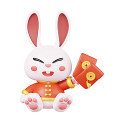 Rabbits in traditional clothing holding CNY red envelopes  isolated. Traditional asian decorations for the Chinese new year elements icon. 3D render illustration.