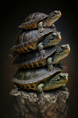 Fototapeta na wymiar four turtles lying on top of a rock