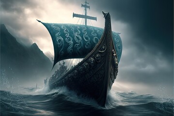 Vikings on the ship, water, storm Generative AI