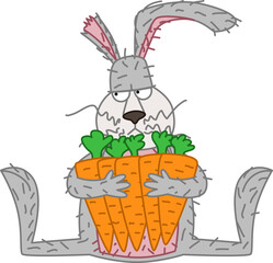 A greedy hare with one ear hugs a lot of carrots. Vector illustration in doodle style. The symbol of 2023.