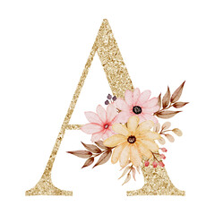 Floral alphabet, gold letter with watercolor flowers and leaf 