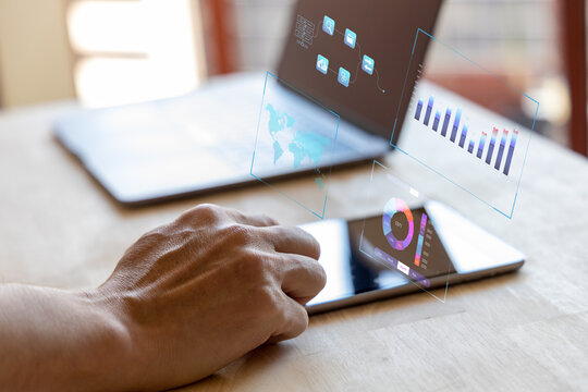 Business man Analytics and Data Management System on smart phone, make a report with KPI and metrics connected to database. Corporate strategy for finance, operations, sales, marketing.