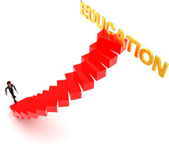 3d man walking upwards to education text with the help of stairs concept