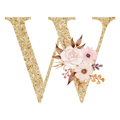 Floral alphabet, gold letter with watercolor flowers and leaf 