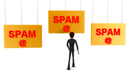 3d man walking towards spam-text mail letter concept