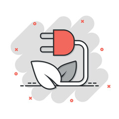 Eco energy icon in comic style. Leaf plug cartoon vector illustration on white isolated background. Electrician splash effect sign business concept.