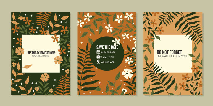 Universal hand drawn floral templates in warm colors perfect for an autumn or summer wedding and birthday invitations, menu, cover. Vector illustration.