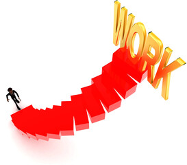 3d man walking upwards to work text with the help of stairs concept