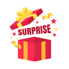 Colorful blank gift box with surprise text in flat design for using as banner