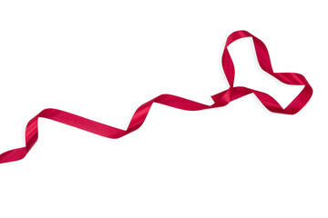 Red heart from curled ribbon on white isolated background. Valentine's Day. Copy space