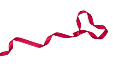 Red heart from curled ribbon on white isolated background. Valentine's Day. Copy space