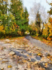 Autumn road and trees digital painting