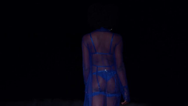 Rear view of a young woman walking on the beach at night in sexy lingerie