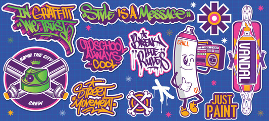 A set of colorful or vibrant graffiti art stickers. Street art theme, urban style for T-shirt design, graffiti design for wallpaper, wall art or print art designs. © Themeaseven