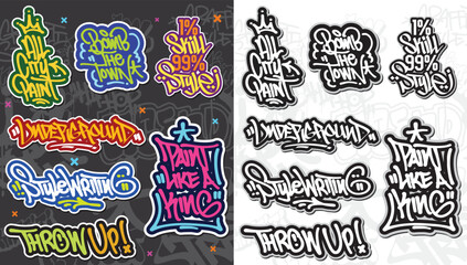 A set of colorful or vibrant graffiti art stickers. Street art theme, urban style for T-shirt design, graffiti design for wallpaper, wall art or print art designs.