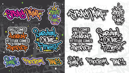 A set of colorful or vibrant graffiti art stickers. Street art theme, urban style for T-shirt design, graffiti design for wallpaper, wall art or print art designs.