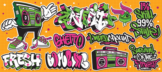 A set of colorful or vibrant graffiti art stickers. Street art theme, urban style for T-shirt design, graffiti design for wallpaper, wall art or print art designs.