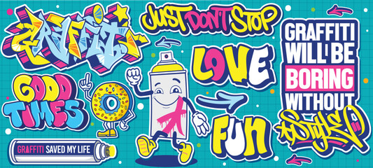 A set of colorful or vibrant graffiti art stickers. Street art theme, urban style for T-shirt design, graffiti design for wallpaper, wall art or print art designs.